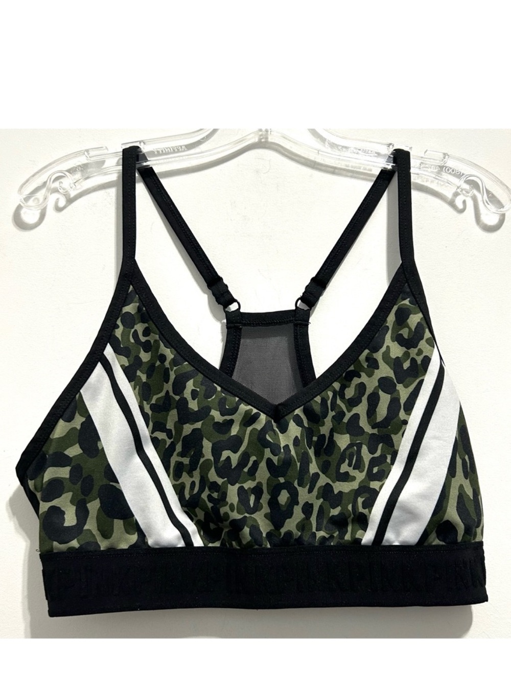 PINK Victoria's Secret Ultimate Black Green Sports Racerback Bra Leopard Print